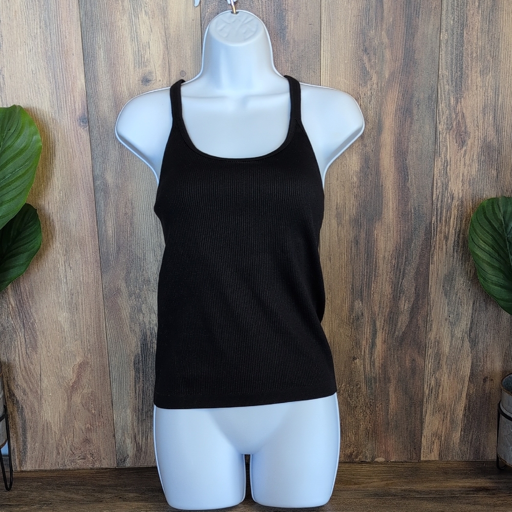 Love & Sports Black Ribbed Camisole Built in Bra Tank Top M           Q186